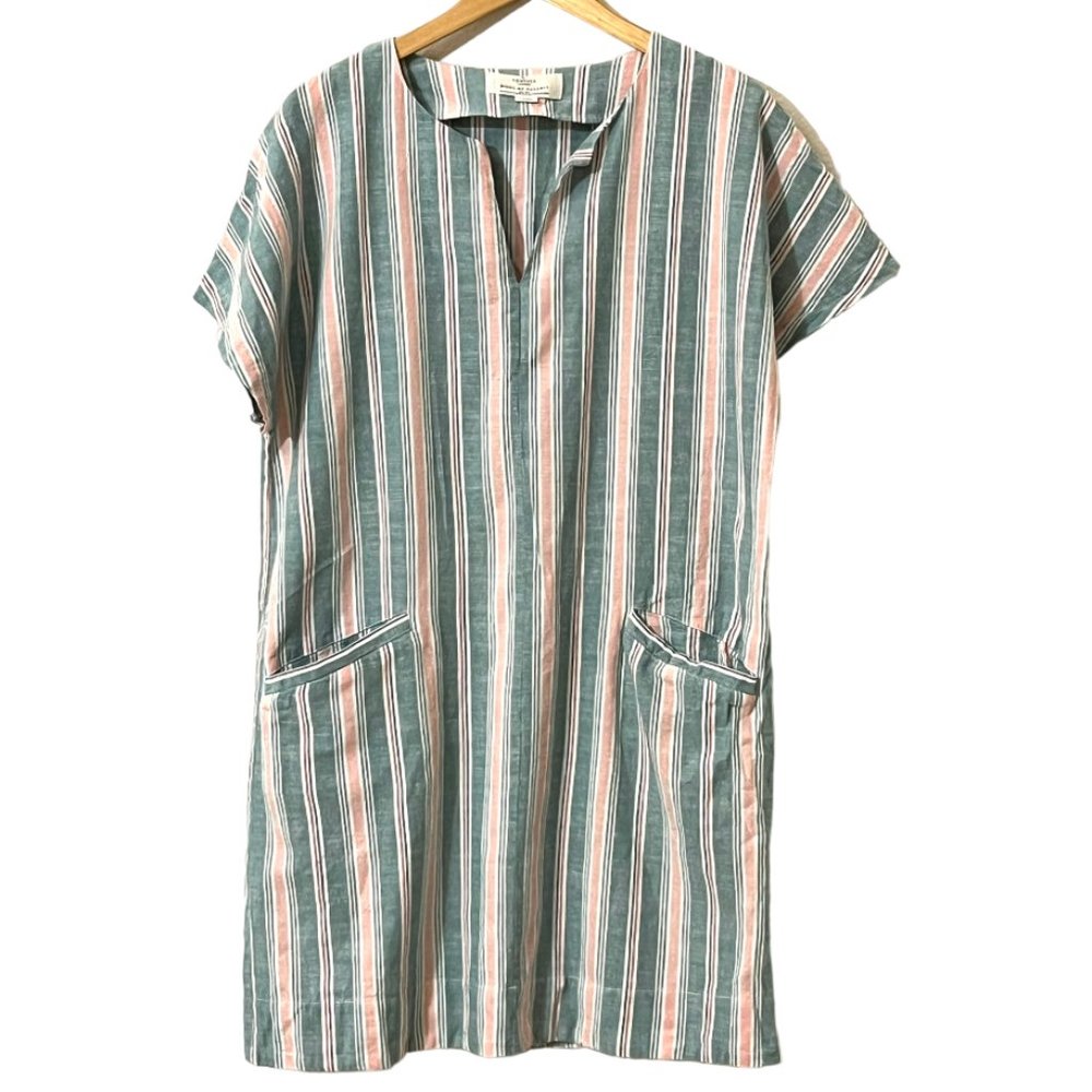Birds of Paradis Women's A-line Dress Green Striped Short Sleeve Size L Pocket